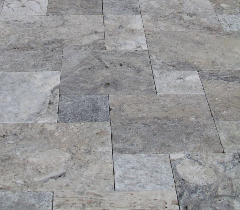 SILVER TRAVERTINE WITH MIX OF GREY, SILVER, BEIGE, AND CREAM COLORS