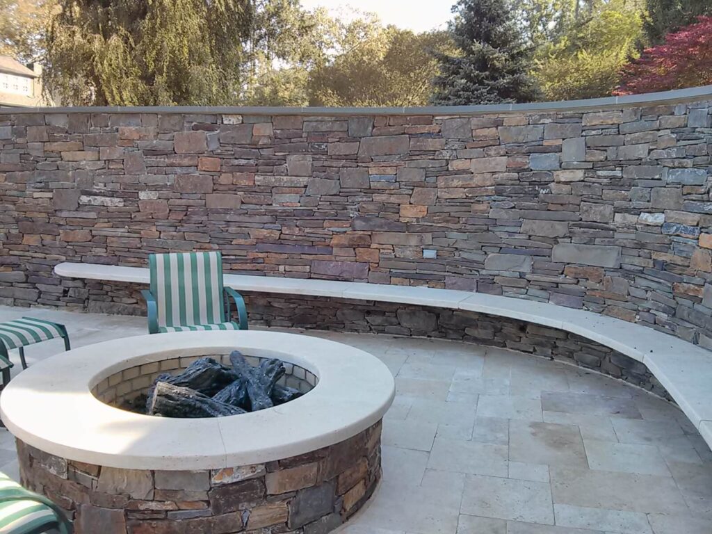 travertine firepit wall caps and bench seating