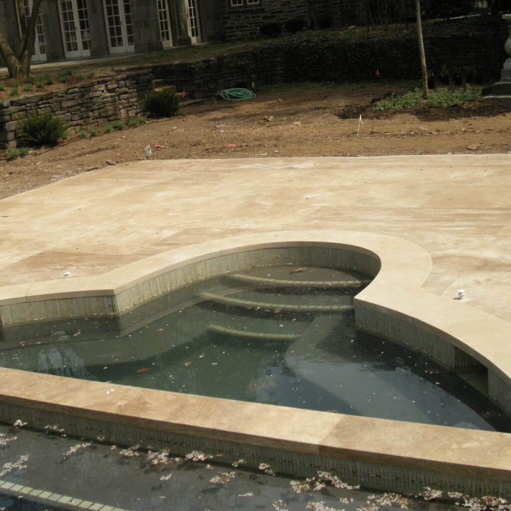 caramel travertine pool coping square edge and pool tile