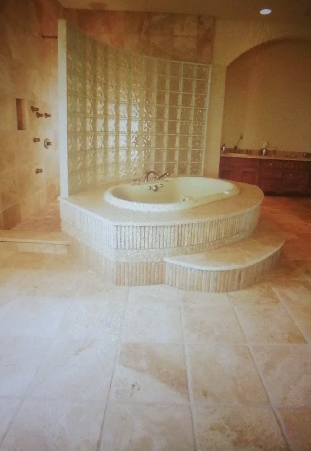 cream travertine bathroom tub shower wall tile