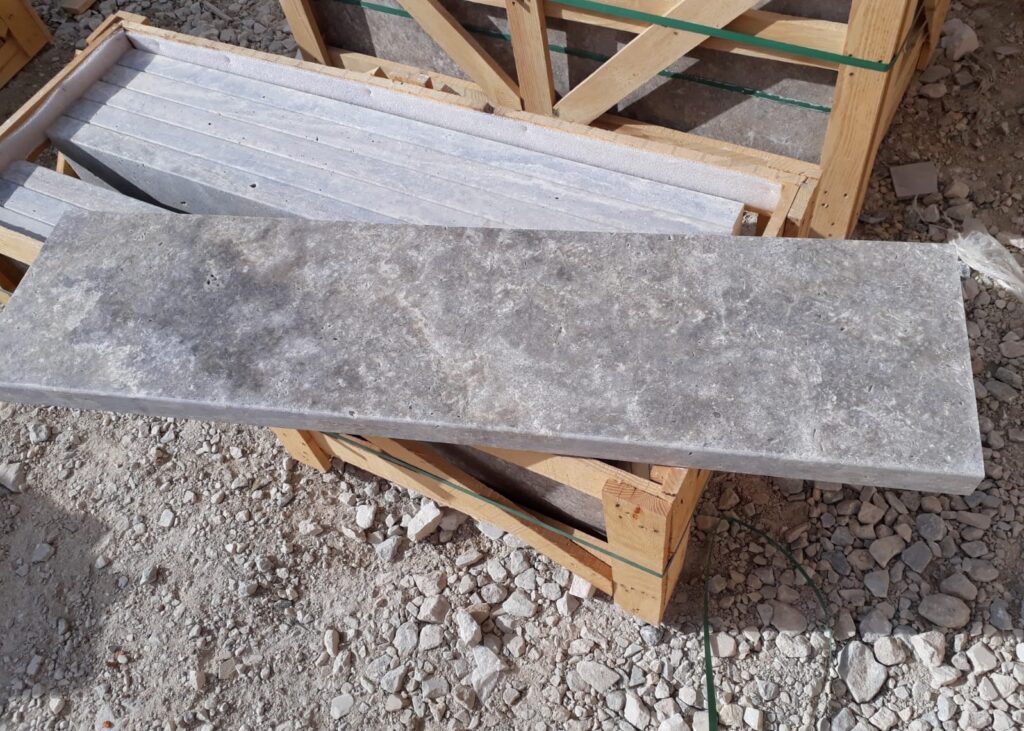 Silver travertine Toadflax selection 12"x48"x2" eased edge coping/treads - mix of silver, grey, cream and beige.  