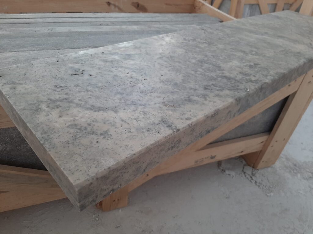 Silver travertine Toadflax selection 12"x48"x2" eased edge coping/treads - mix of silver, grey, cream and beige.  