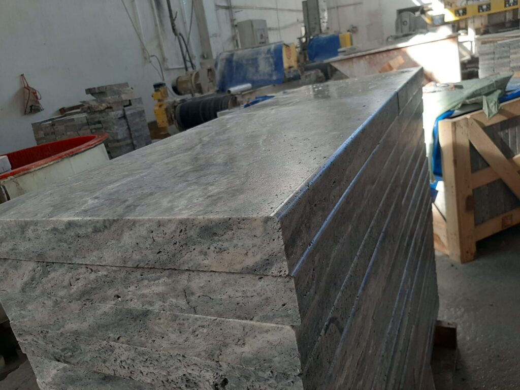 Silver travertine Toadflax selection 16"x48"x2" eased edge coping/treads - mix of silver, grey, cream and beige.  