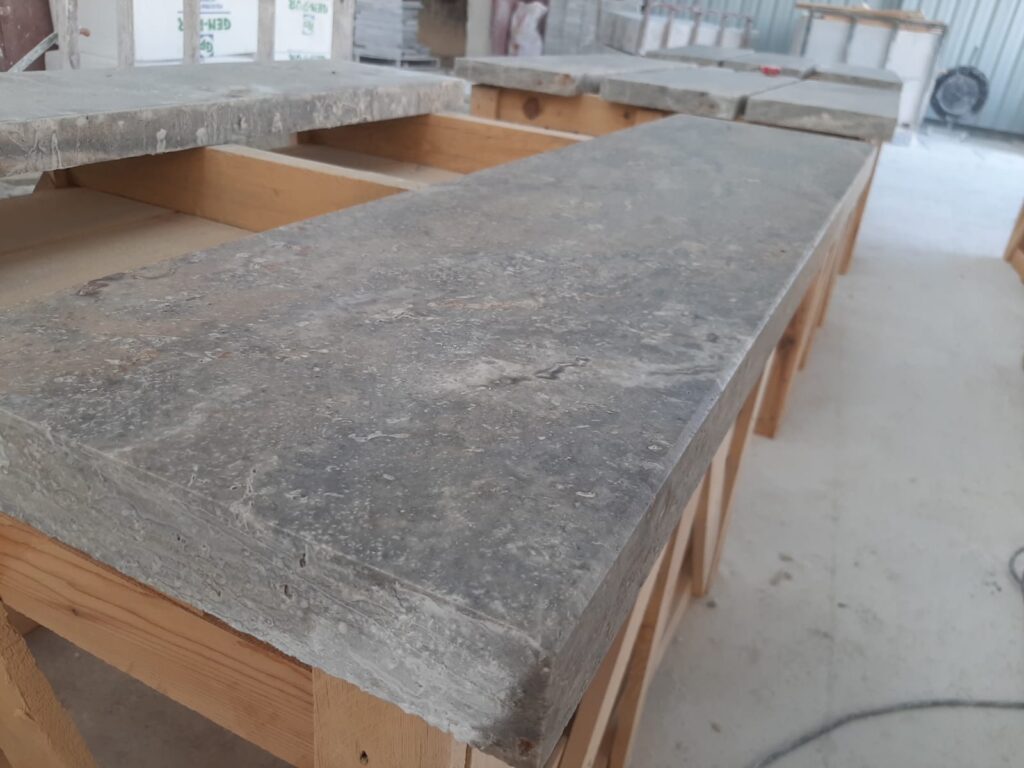 Silver travertine Toadflax selection 16"x48"x2" eased edge coping/treads - mix of silver, grey, cream and beige.  