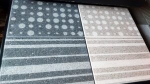 Grey and beige Terrazzo bubbles-stripes look