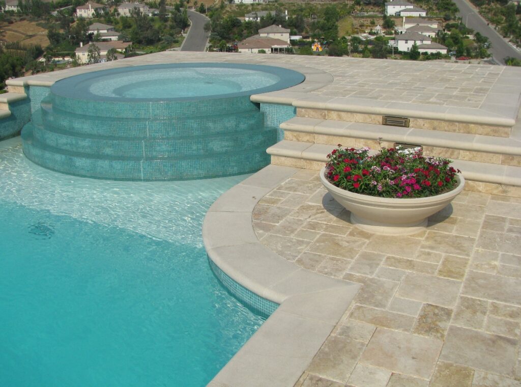 CA Hilltop Pool Deck and  Spa with Caramel Travertine Pavers, Caramel Honed Coping Glass Mosaics for Spa Wall
