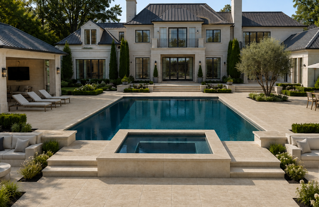 SEAHAZE SAND Limestone estate pool, spa, pool house, Treads, and Coping