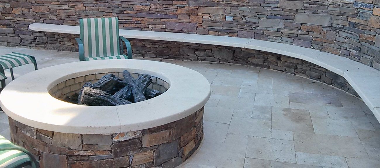 caramel travertine firepit and bench